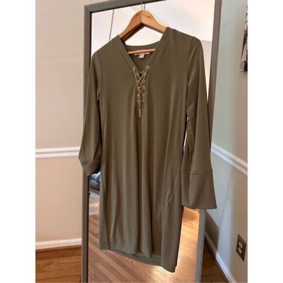 Michael Michael Kors Olive Green Shift Dress Lace Up V-Neck Bell Sleeve Size S - Picture 2 of 6